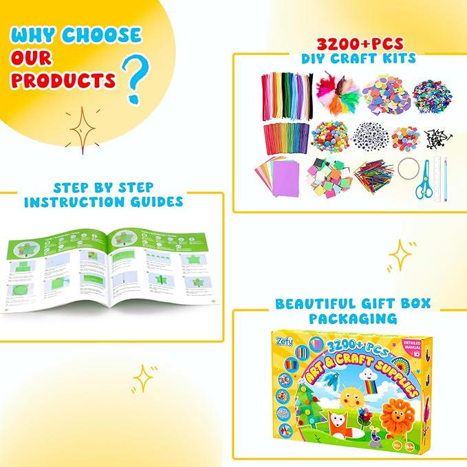 Zefy 3200+ Pcs Arts and Crafts Supplies for Kids, All in One Craft Kits with 12 Crafts Design, DIY School Supplies Kit Craft Box for Girls Boys Ages 4-12