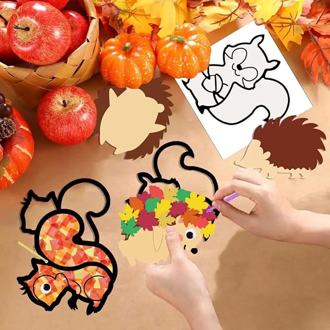 Zliisang 12PCS Make You Own Fall Crafts Kit Bulk Fall Animals Paper Suncatchers Foam Stickers Crafts DIY Kit for Autumn Thanksgiving Activities Decorations Thanksgiving Party Decor