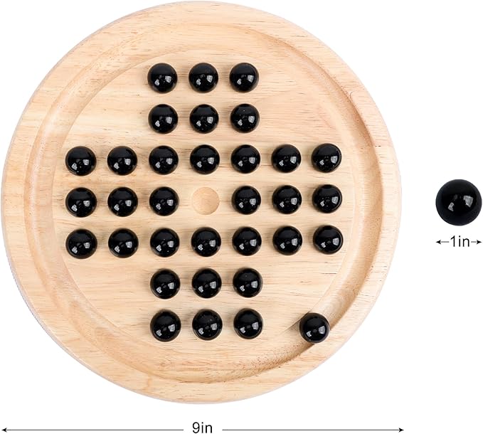 Wooden Solitaire Board Game with 33 Piece Black Glass Marbles Classic One Player Gameplay Strategy Puzzle Board Games Kids & Adults Fun Family Tabletop Toys, Birthday Gift,Table Games
