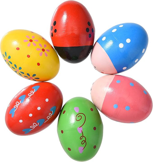 Easter Basket Stuffers - 6 Pcs Wooden Egg Shakers, Musical Percussion Instruments for Kids, Babies, Valentines