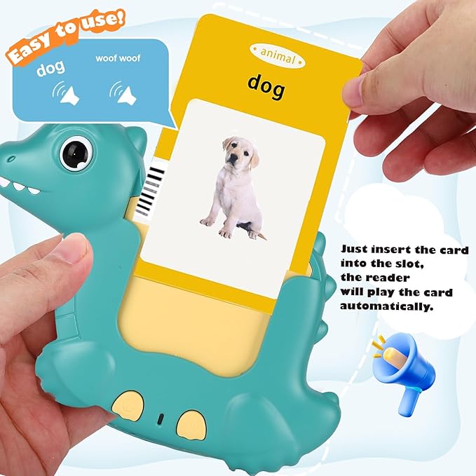 Dinosaur Talking Flash Cards 224 Sight Words for Kids, Audible Educational Interactive Autism Sensory Toys for Toddlers 3-8, Learning Montessori Tool for Girls Boys Gifts Green