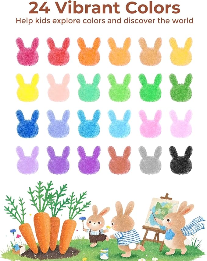 24 Colors Crayons for Toddlers 1-3, Non Toxic Beeswax Carrot-Shaped Toddler Crayons with 30-Page Coloring Book and 120 PDF Pages, Mess-Free Coloring for Kids Ages 2-4 4-8 Art Supplies Gift