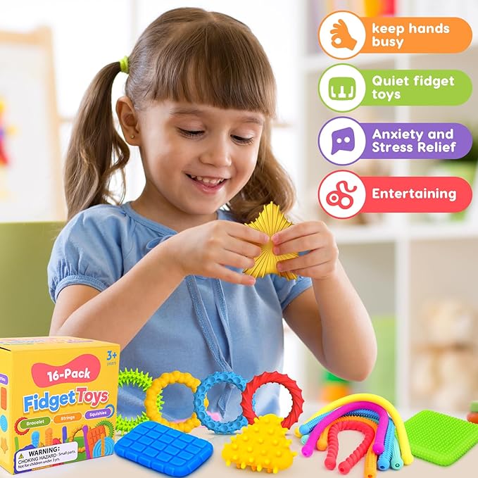 Sensory Fidget Toys for Kids Toddlers: 16 Pack Textured Squishy Quiet Fidget Toys for Autistic Special Needs - Sensory Stretchy Toys - Calm Down Toy for Classroom Students Prizes Office Anxiety Relief