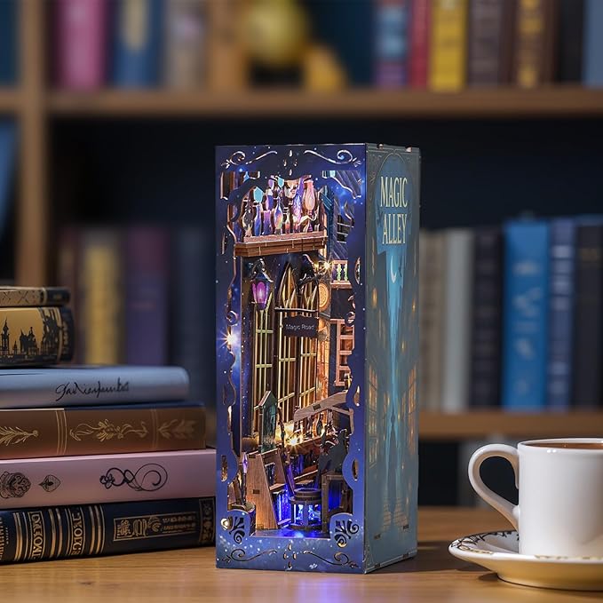 DIY Book Nook Kit for Adults - Magic Alley Miniature House Diorama, 3D Wooden Puzzle Bookend Bookshelf Insert Decor with LED Light, Wizard-Themed Miniature Kit Gifts for Fantasy Lovers