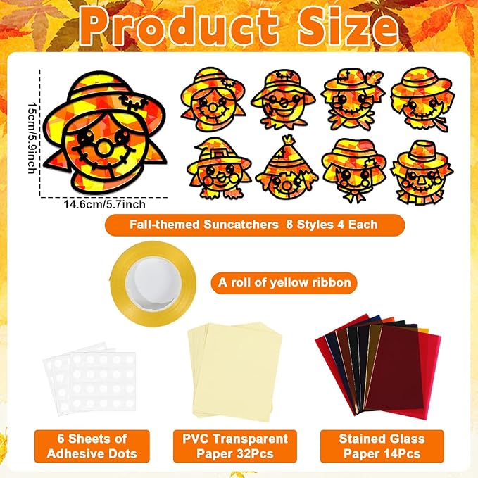 QOUBAI 32 Sets Fall Scarecrow Suncatchers Craft Kit DIY Window Stained Glass Effect Autumn Scarecrow Paper Crafts Home School Classroom Decoration Kid Birthday Gift Creative Art Project Activity Game