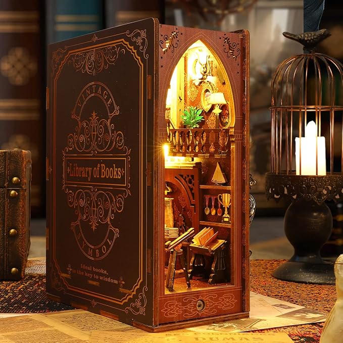 3D DIY Book Nook Kit - DIY Miniature House Kit for Adults, Teens and Beginners, Dollhouse Booknook Library Tiny House Bookshelf Decor 3D Wooden Puzzle, Mini Library of Books Model Build Gift