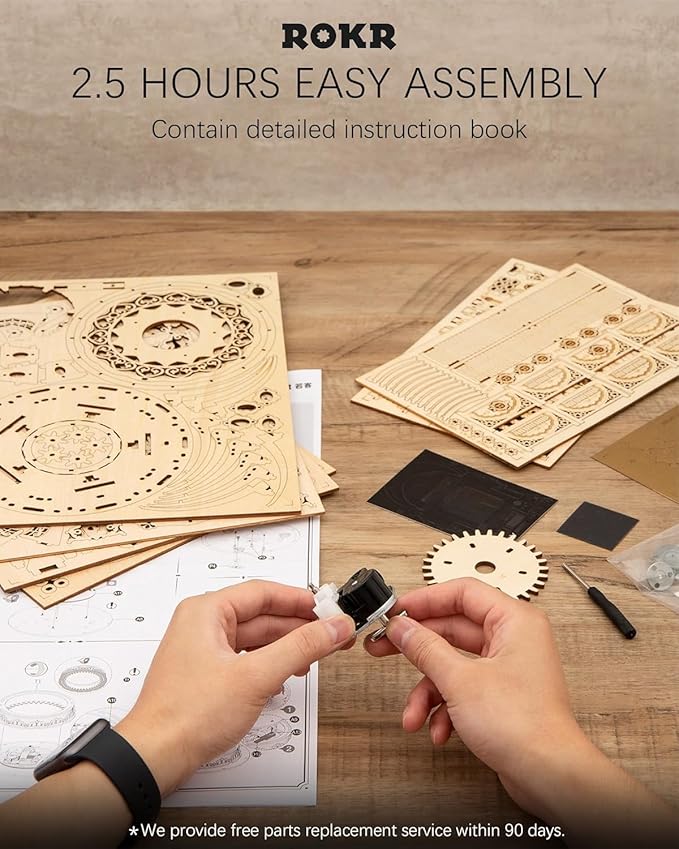 ROKR 3D Puzzles for Adults Orrery Music Box Wooden Model Building Set, DIY Wood Craft Kit Solar System Kit STEM Toys Gifts for Man/Woman