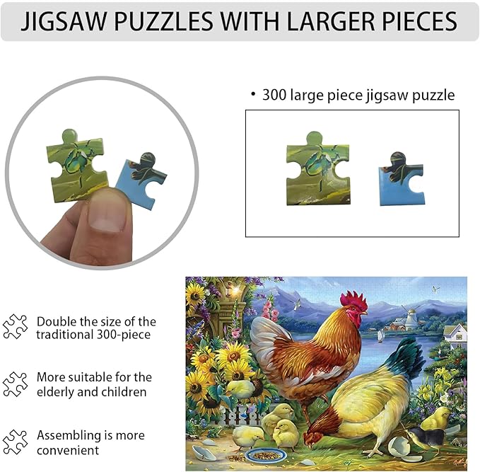 300 Big Pieces Puzzle.The Rooster Family.Wooden Puzzle, Stress Relief Toys Children's Learning Supplies Toys Parenting Games Gifts Jigsaw Size: 20.5x15 inches and 1:1 Original Picture Poster