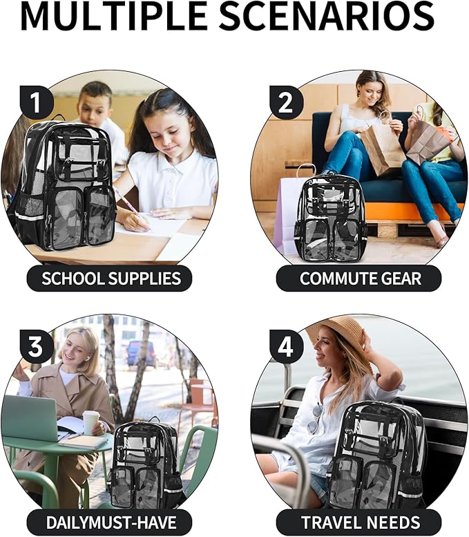 Clear Backpack for School - 17" Transparent Backpacks With Water-Resistant PVC Plastic Material and Ruggedly Reinforced Shoulder Straps, School Bag for Teen Boys Girls Black