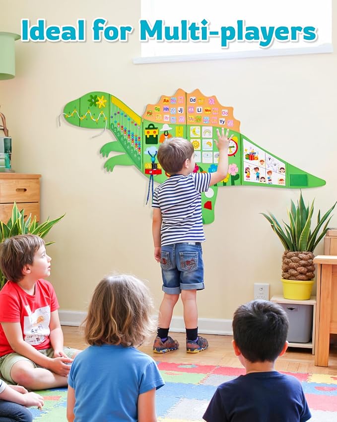 Dinosaur Montessori Busy Board: 10 in1 Sensory Wall Panel for Kids, Toddler Sensory Toys Learning Activity Wall for Playroom, Daycare, Class, Travel, Gifts for 3 4 5 6 Year Old Boys Girls