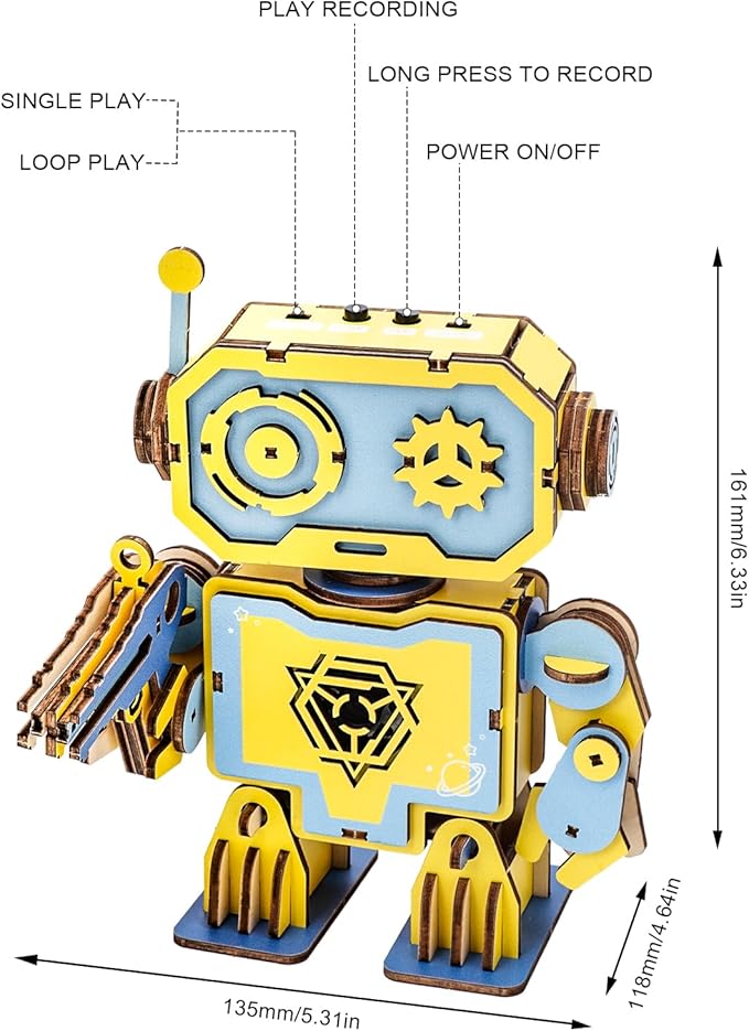 Kosmickiss 3D STEM Wooden Puzzles for Kids, 3D Wooden Models with Voice Recorder, Science STEM Building Kit Creative Craft Toys for Boys Girls Age 8-13 Years Education Birthday Gifts (Yellow Robot)