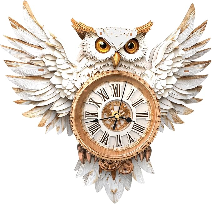 KAAYEE 3D Puzzle for Adult, Wooden Snowy Owl Pendulum Clock Mechanical Model Kit, 31 PCS DIY Vintage Wall Clock Building Kit, Creative Craft Gift for Birthday Home Decor (Battery Not Included)