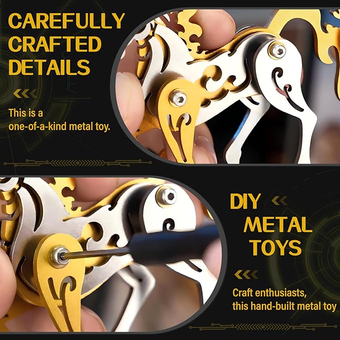 3D Metal Puzzles,3D Metal Puzzle for Adults,Mechanical Model Kit Zodiac Horse Gold,Steel 3D Puzzles Stainless Steel Ornaments for Adults Home Decor Art Craft Gifts Toys.
