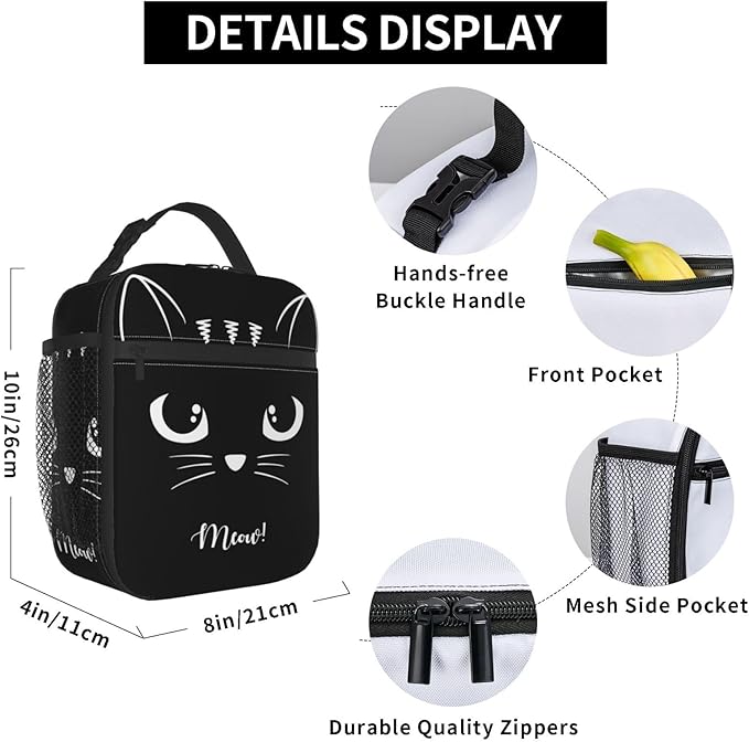 Black Cat Reusable Lunch Box Food Bag Insulated Lunch Bag for Teenage Boys Girls School Beach