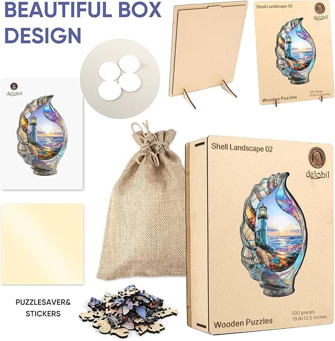 delobil Wooden Puzzles for Adults, Shell Landscape Jigsaw Puzzles 500 Pieces, Unique Shape Puzzles for Adults and Kids, 19.8 x 12.5 Inches Medium Size, Fun Challenging Puzzles Family Game
