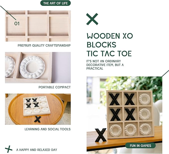 GENMOUS Wooden Tic Tac Toe Game Board for Seniors Family Indoor Game, 10.6 Inch White Rustic Giant Tic Tac Toe Coffee Table Decor, Tic Tac Toe Board Game Fun for Family Travel Outdoor Room Decor