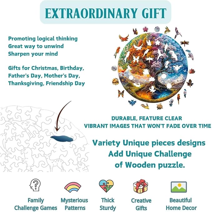 Wooden Puzzles Adults, Seasonal Tree of Life Wooden Puzzles 300 Pieces, Unique Animal Shaped Wood Challenging Jigsaw Puzzles for Adults, 13.4x13.4in