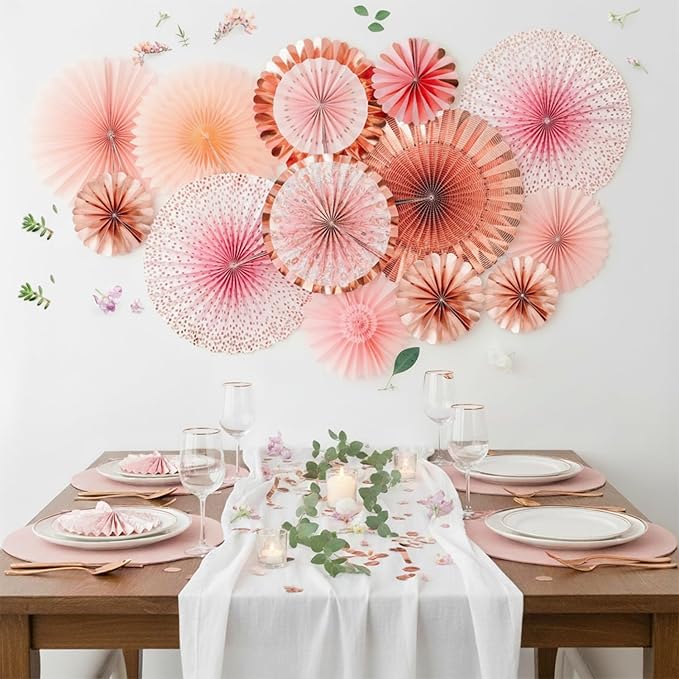 PapaKit Origami Wall Decoration Set (8 Assorted Round Paper Fans) Birthday Party Baby Shower Wedding Events Decor | Creative Art Design Pattern (Lustrous Pink Coral with Metallic Rose Gold)
