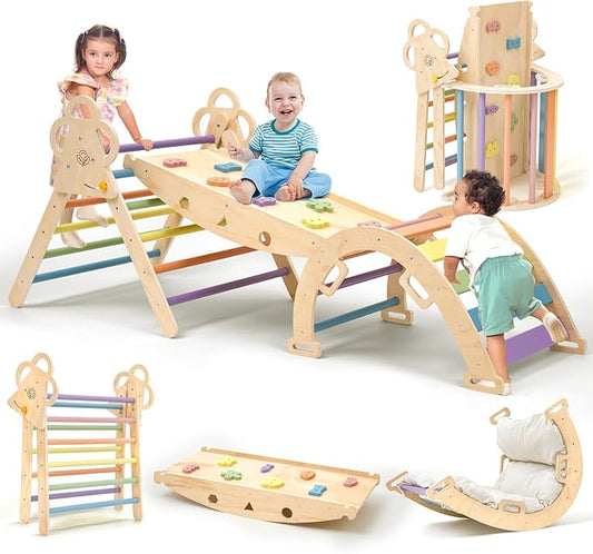 Pikler Triangle Set with Cushion, 9-in-1 Foldable Wooden Climbing Toys for Toddlers, Indoor Montessori Jungle Gym Set for Baby & Kid
