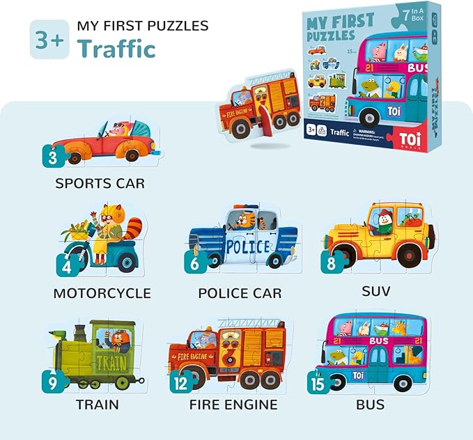 Toi 6 Packs Large Piece Toddler Jigsaw Puzzles for Kids Aged 2.5+, Animal Shaped Floor Puzzles for Beginner, Preschool Learning Game for Boys Girls, Traffic