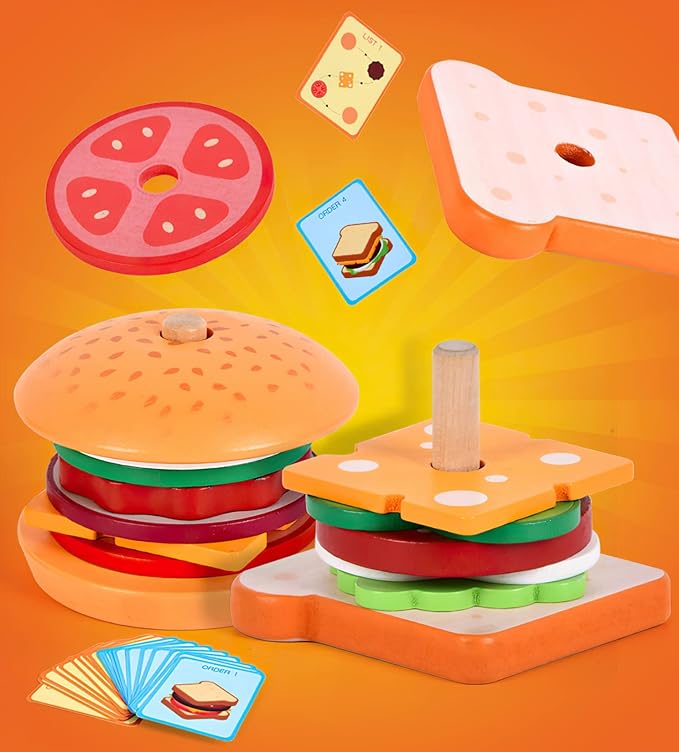 Wooden Sandwich Stacking Toy for Kids, Toddler to Preschool, Develops Fine Motor Skills, Includes Base, 7 Ingredient Pieces, 10 Flash Cards
