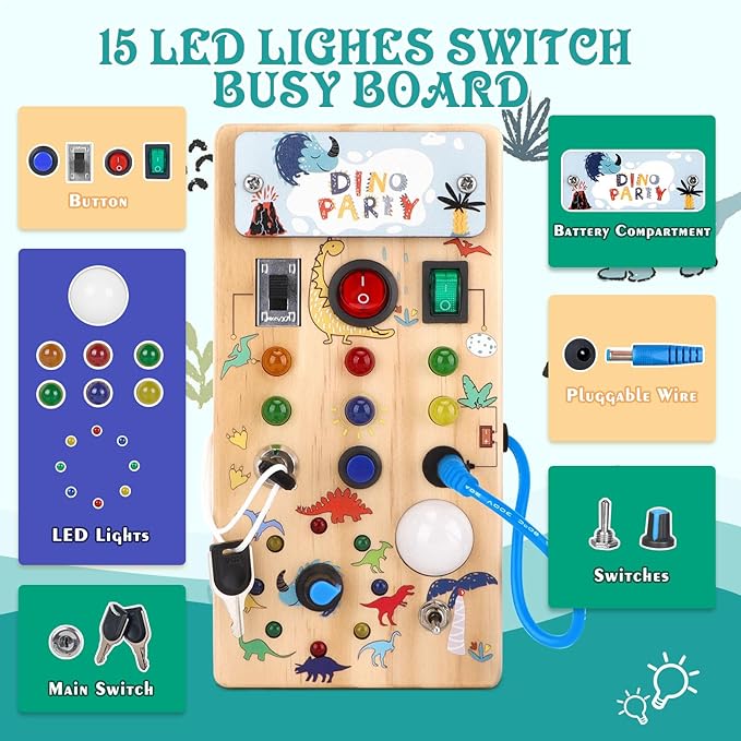 Dinosaur Busy Board with 8 LED Light Switches, Toddler Montessori Busy Board with Light Switch, Sensory Travel Toys, Montessori Toys for 1+ Year Old Boys