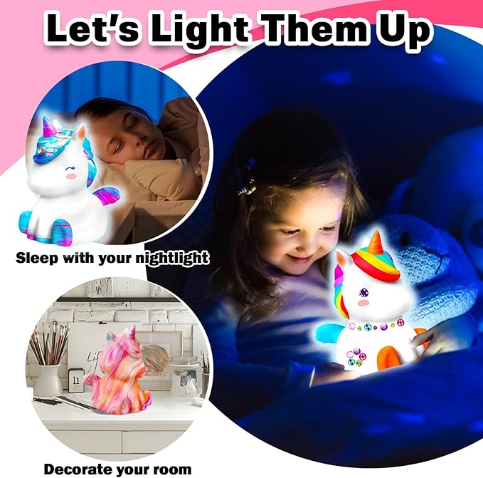 FUNZBO Paint Your Own Unicorn Lamp Kit - Arts and Crafts Supplies Painting Kits for Kids Teens Adults, DIY Night Light Unicorn Toy for Toddlers Girls Boys Age 3 4 5 6 7 8 9 10 11 12 13 + Birthday Gift