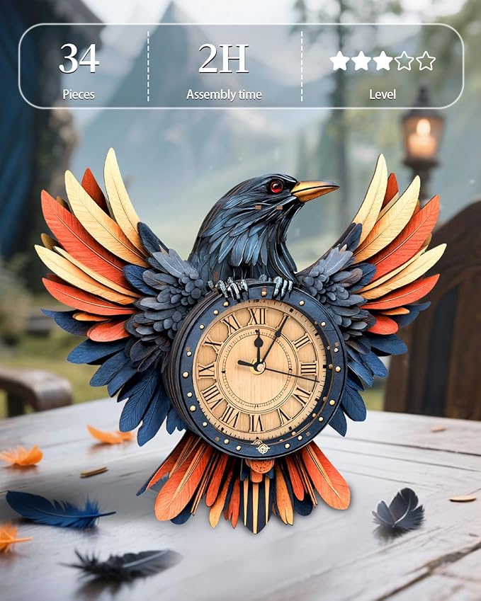 3D Wooden Puzzles for Adults,3D Puzzles for Adults Raven DIY Wall Clock Kit with Pendulum, 34 Pieces 3D Wooden Puzzles,Creative Gift Idea for Teens & Adults