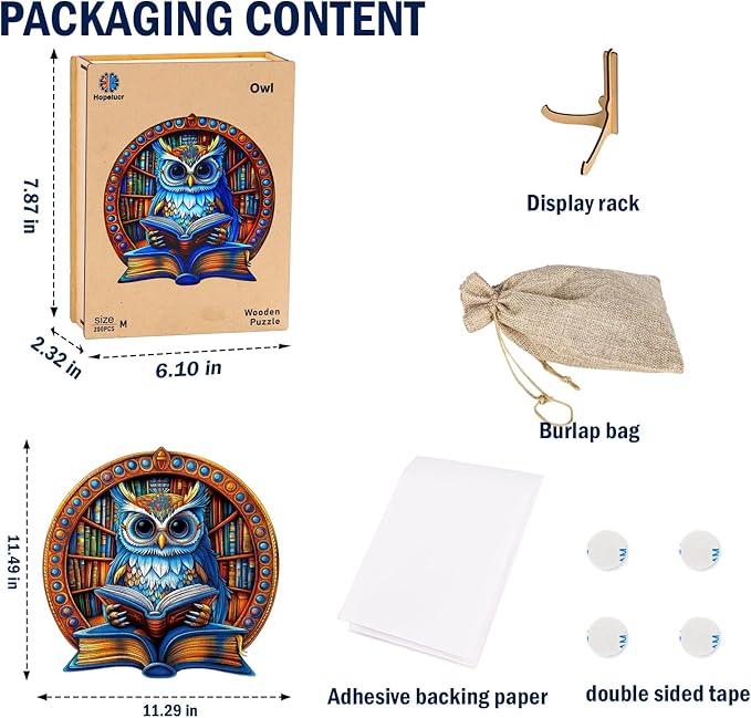 Wooden Jigsaw Puzzles for Adults, Book Owl Puzzle, 200 Pieces Unique Animal Shaped Wooden Puzzle, Fun Challenging Family Games for Kids and Teens, 11.49" x 11.29", Gift Box Included