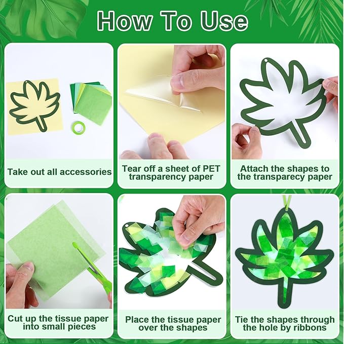 Qyeahkj 36 Set Summer Suncatchers Crafts for Kids DIY Hawaiian Palm Leaves Window Tissue Paper Crafts Kit Green Leaf Hanging Decor for Summer School Home Activity Art Project Birthday Party Favor Gift