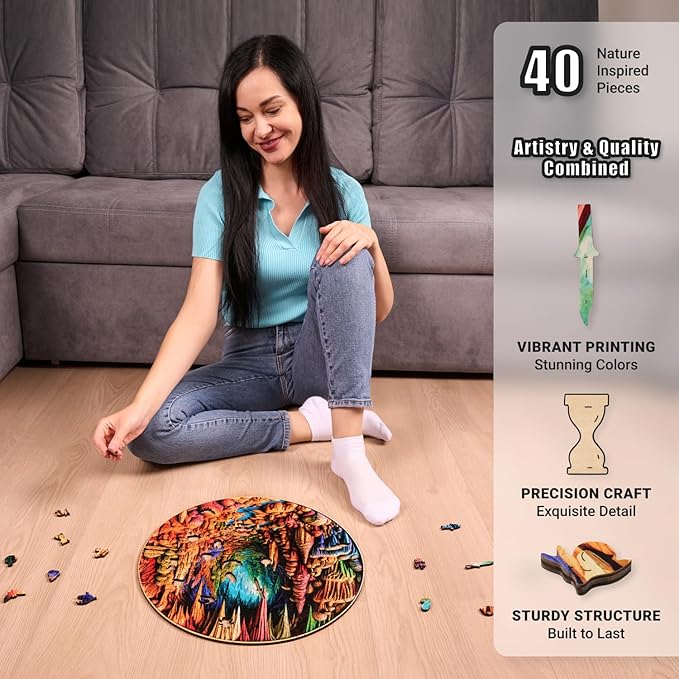 LEOGOR Wooden Jigsaw Puzzles for Adults 350 Pieces (15 × 14.9 in), Cave Puzzle, Extra-Thick 5mm Wood, 3D Vision Mosaic Nature Design, Unique Animal Shapes, Challenging Gift for Adults and Teens