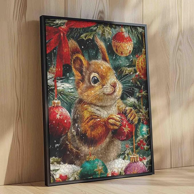 Christmas Eve 1000 Piece Jigsaw Puzzles for Adults Squirrel Playing with Xmas Balls Painting Jigsaw Puzzle 1000 Animal/Wildlife Puzzles 20''x27”inch DIY Craft Puzzle Art Wall Decor Family Challenging