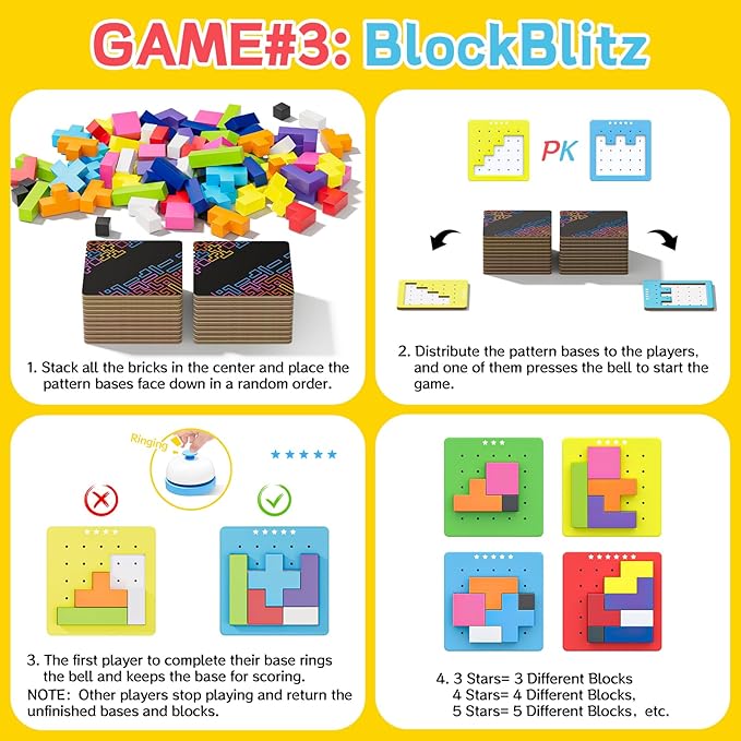 Wooden Block Game 120Pcs Fast-Paced Stacking Building Block Game Challenging Board Games for Kids 1 to 6 Players Color Block Puzzles Party Games for Ages 4+ Blue