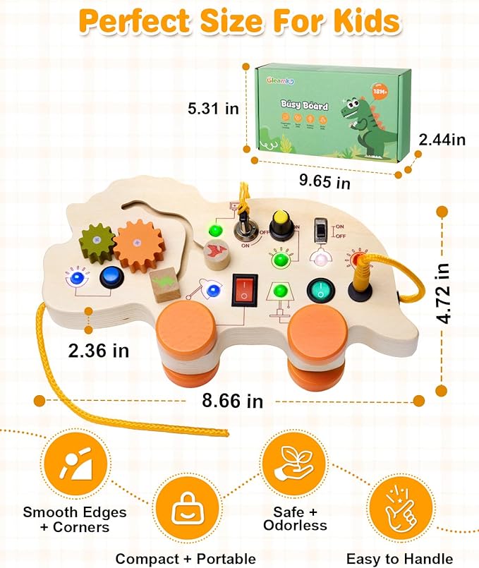 2-in-1 Busy Board & Pull Toys for Toddlers 1-3: Dinosaur Busy Board with Led Light, Educational Learning Toys Wooden Multi-Sensory Board with 4 Movable Wheels, Montessori Toys for 1 2 3 Year Old