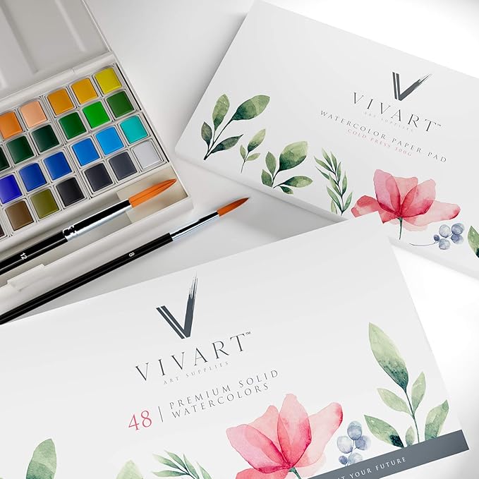 remium 48‑Color Watercolor Set for Adults & Beginners – 48 Vivid Half‑Pans, 2 Artist‑Grade Brushes (Sizes 8 & 12), 20‑Sheet 300 gsm Cold‑Press Paper Pad & Step‑by‑Step e‑Course