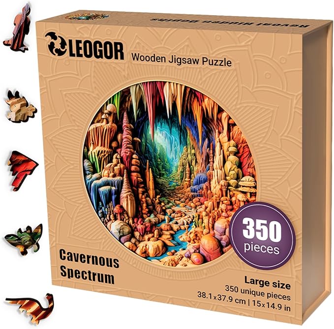 LEOGOR Wooden Jigsaw Puzzles for Adults 350 Pieces (15 × 14.9 in), Cave Puzzle, Extra-Thick 5mm Wood, 3D Vision Mosaic Nature Design, Unique Animal Shapes, Challenging Gift for Adults and Teens