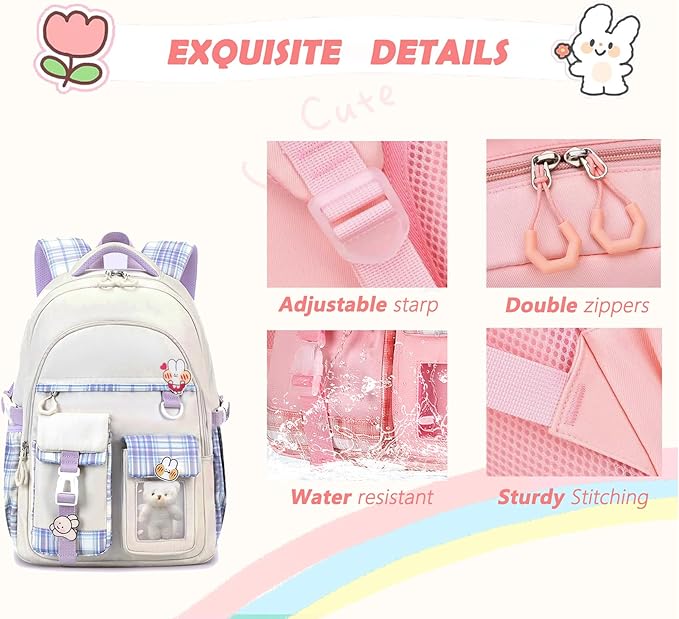 Girls Backpack,Cute School Backpack for Girls Kids Teens,Kawaii Bookbag for Primary Elementary,White