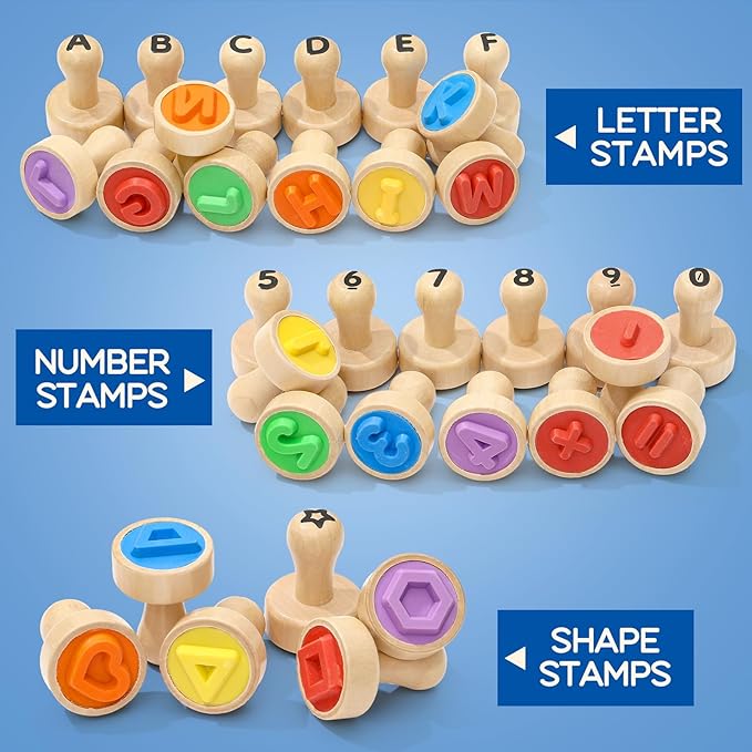 Atoylink Wooden Alphabet Number Stamps for Kids with Ink Pads, ABC Spell Learning Toys 26 Letter Stamps & Flash Cards, Preschool Educational Toy Gifts for 3 4 5 Year Old Boys Girls