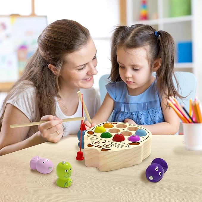 Wooden Magnetic Fishing Game for Toddlers 1-3, Montessori Sensory Busy Board Fine Motor Skills Toys for 1 2 3 Years Old Boys Girls