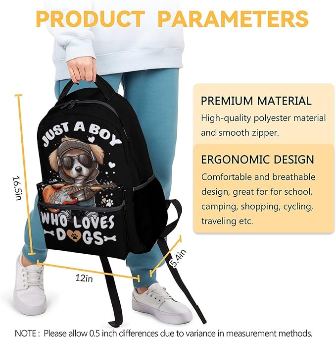 Dog Backpacks for Kids, Large Capacity Backpack for School, Cute Black Doggy Print Lightweight Bookbag for Boys & Girls