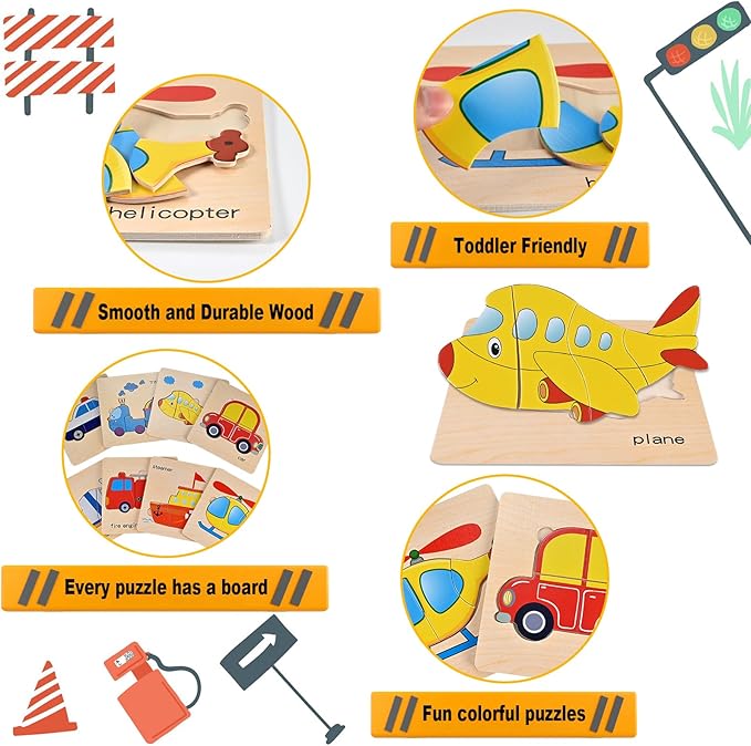 Wooden Puzzles for Toddlers 1-3, Toddler Puzzles Ages 2-4, Montessori Toys for 1-3+ Year Old Learning Educational Preschool Toys for Boys Girls (Vehicle Theme)