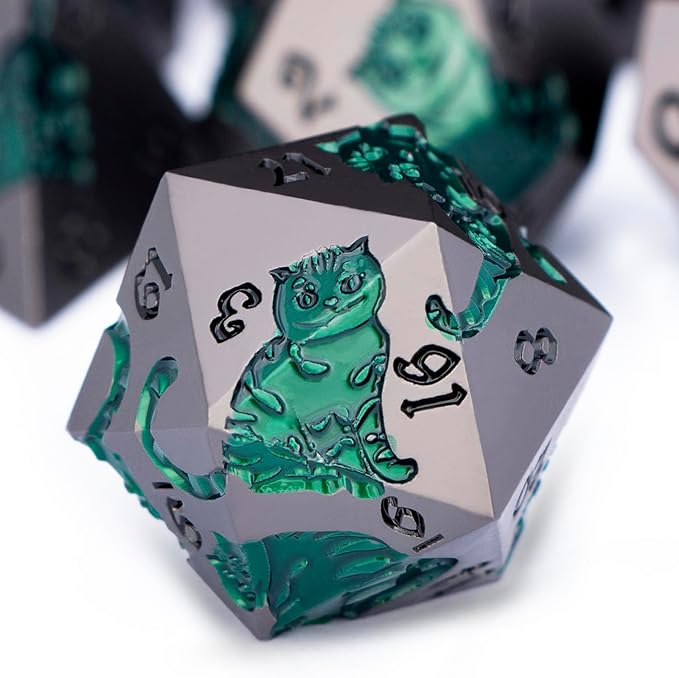 Metal DND Cat Dice 7PCS Polyhedral RPG Dice Set with Gift Case for Dungeons Dragons Role Playing Game, D and D Dice D6 D8 D10 D12 D20 D% (Grey Green)
