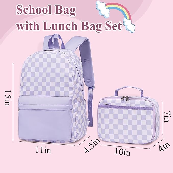 LEDAOU Kids School Backpack with Lunch Box for Girls Kindergarten BookBag School Bag Preschool Toddler Backpack (Purple Checkered)