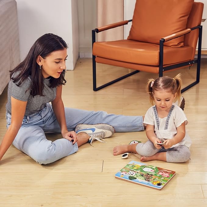 Farm Animals Sound Puzzle, Wooden Peg Puzzles with Sound for Toddlers and Preschoolers Ages 2yrs+, Kids Educational Learning Peg Puzzles Toy Gift (6pcs)