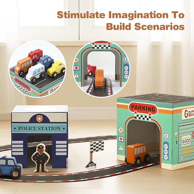 Youuys Sorting and Stacking Toys for Toddlers with Nesting Garages & Race Track & Wooden Cars & Community Helpers, Montessori Nesting Boxes for 1-3 Preschool Learning for 1 2 3 Boys Girls Gift