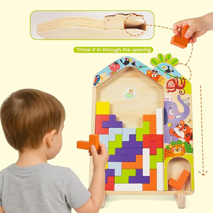 Wooden Puzzle Pattern Blocks Brain Teasers Game, 3D Russian Building Toy Wood Tangram Shape Jigsaw Puzzles Montessori STEM Educational Toys Gift for Kids