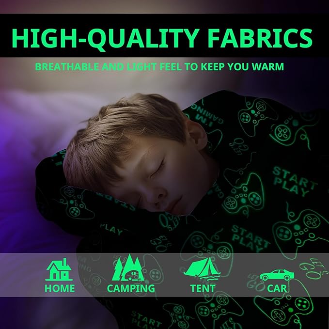 Wesan Gaming Gamer Glow in The Dark Blanket Boys Teens Gifts for Birthday Christmas Easter Video Game Gamepad Presents Fun Fluffy Plush Throw Gray 60"x80"