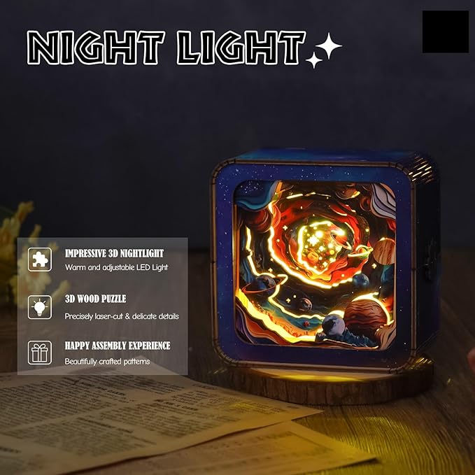 3D Puzzle Nightlight-DIY LED Light 3D Universe Jigsaw Wooden Puzzle-Art Lamp and Craft Kits for Kids and Adults-Birthday Gifts Toys-Home Desk Decor Family Game