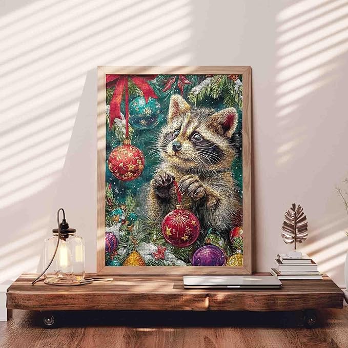 Christmas Eve 1000 Piece Jigsaw Puzzles for Adults Raccoon Playing with Xmas Balls Painting Jigsaw Puzzle 1000 Animal/Wildlife Puzzles 20''x27”inch DIY Craft Puzzle Art Wall Decor Family Challenging