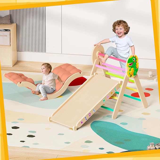 Acenova Pikler Triangle Climbing Set with Cushion and DIY Name Stickers, Montessori Wooden Climbing Gym for Toddlers 1-3, Indoor Jungle Gym, Dinosaur Pikler Triangle Arch Ramp Climber Toy